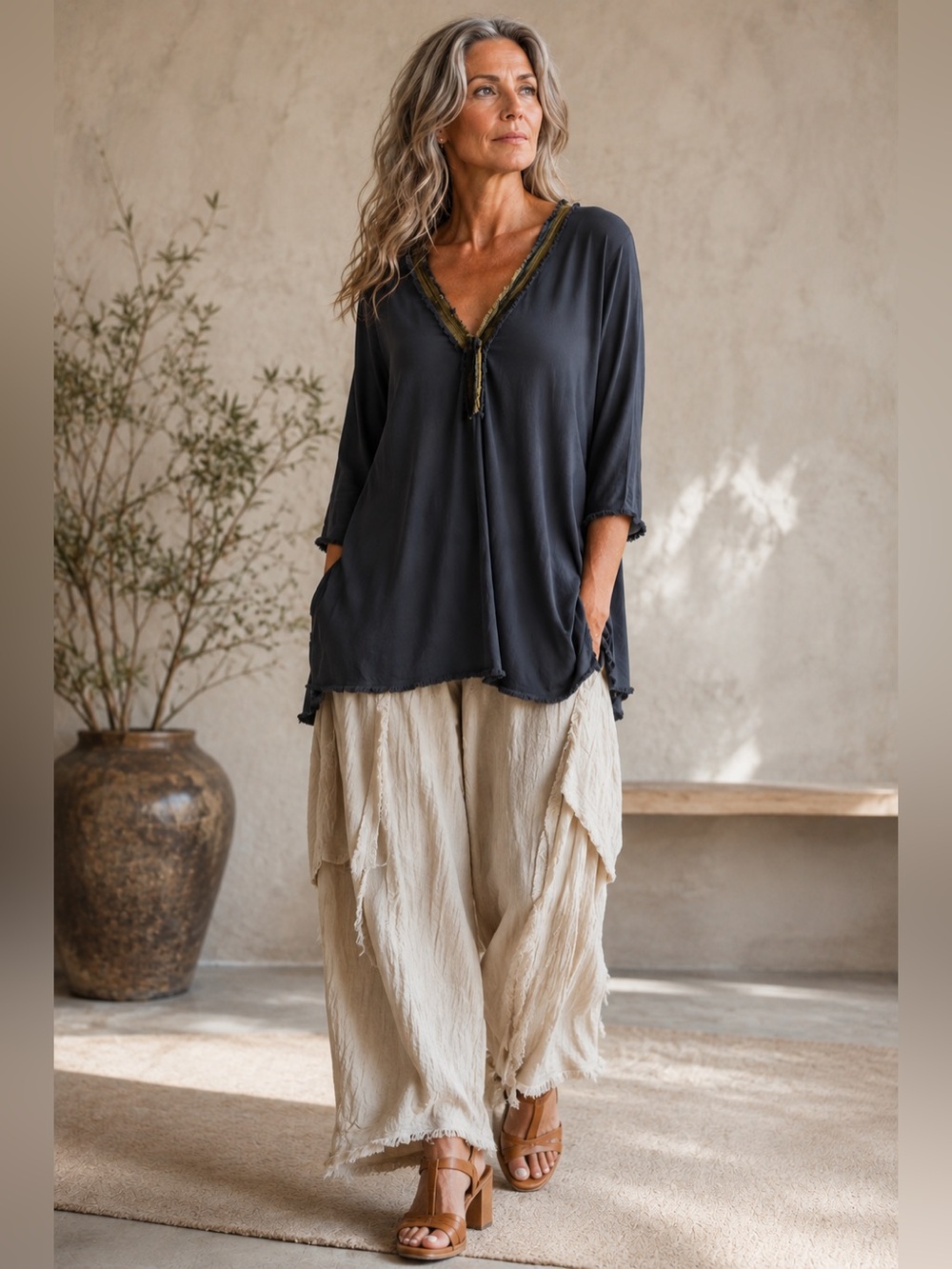 Jaga DTLA Gray Raw Hem Oversize Tunic Top Sz 1/US 6 Made in USA Boho Lagenlook
